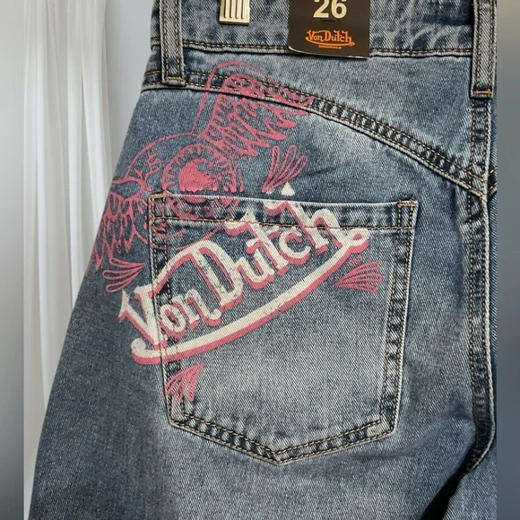 Von Dutch Wide Leg Dark Blue Denim Logo Patch Jeans RARE!! New with tags!! - Picture 5 of 10